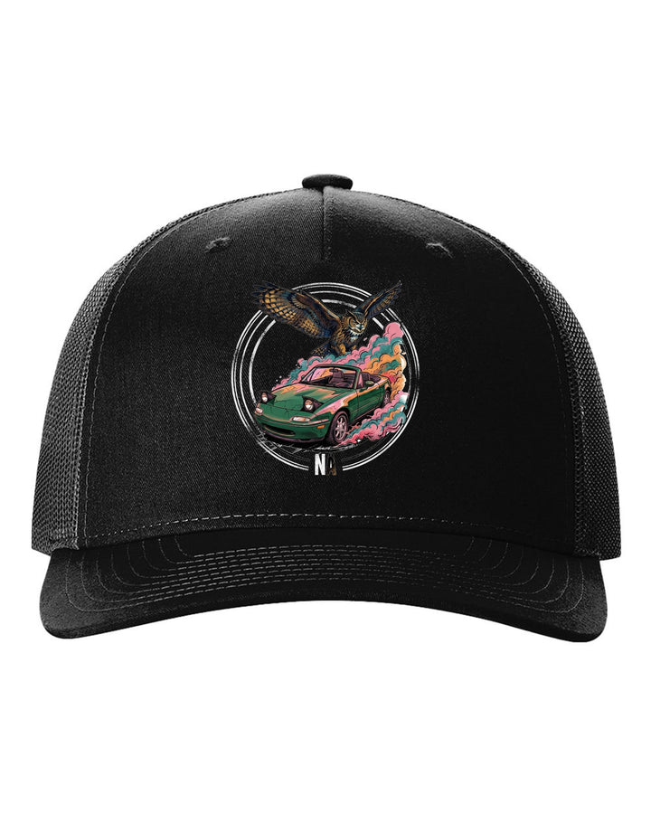 Mazda MX-5 Miata Owl black trucker hat front view with the design
