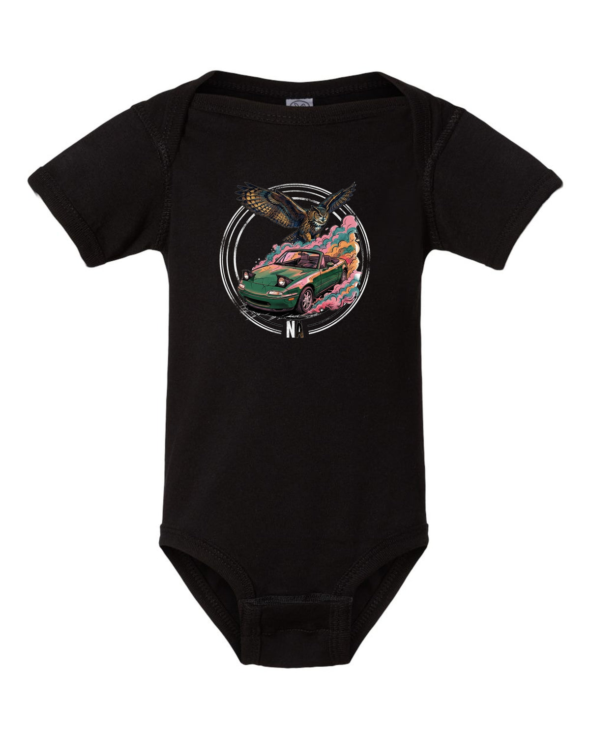 Mazda MX-5 Miata Owl black baby onesie front view with the design