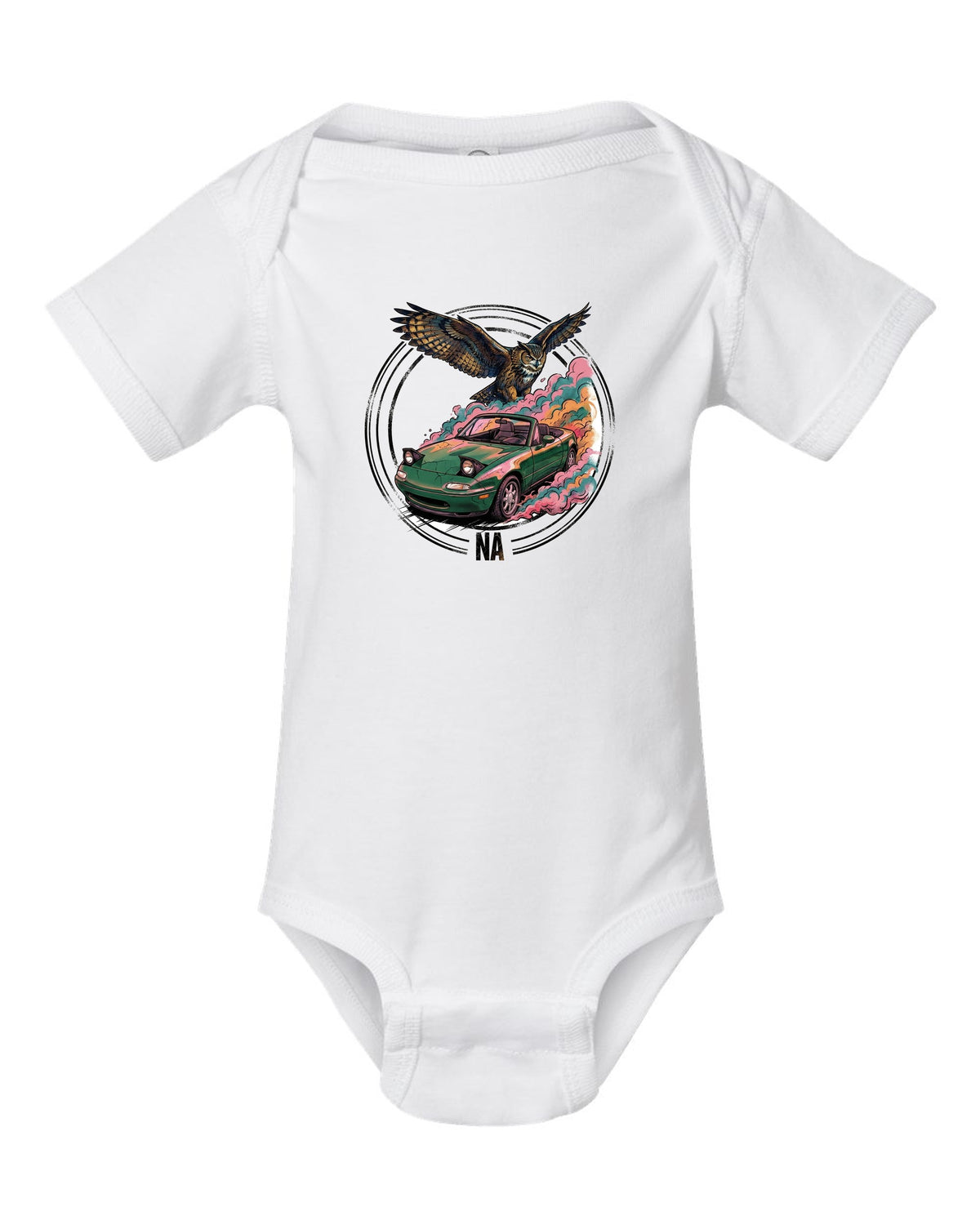 Mazda MX-5 Miata Owl white baby onesie front view with the design