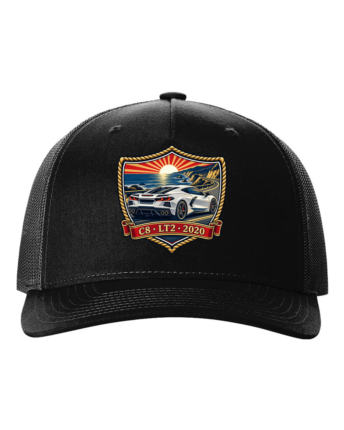 Shield crest design of a 2020 C8 mid-engine Corvette Stingray black hat front view with the design