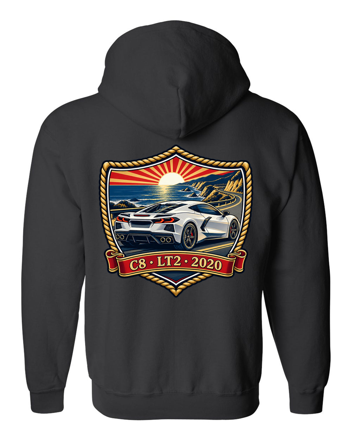 Shield crest design of a 2020 C8 mid-engine Corvette Stingray black zip hoodie back view with the design