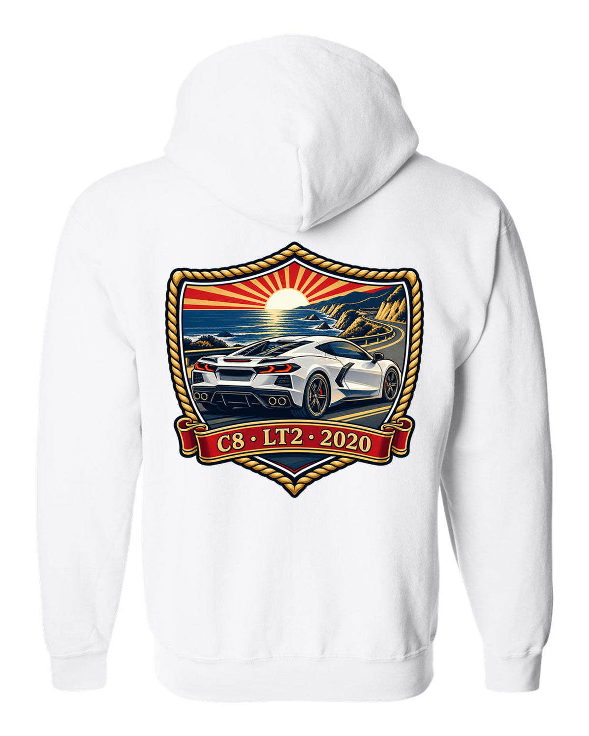 Shield crest design of a 2020 C8 mid-engine Corvette Stingray white zip hoodie back view with the design