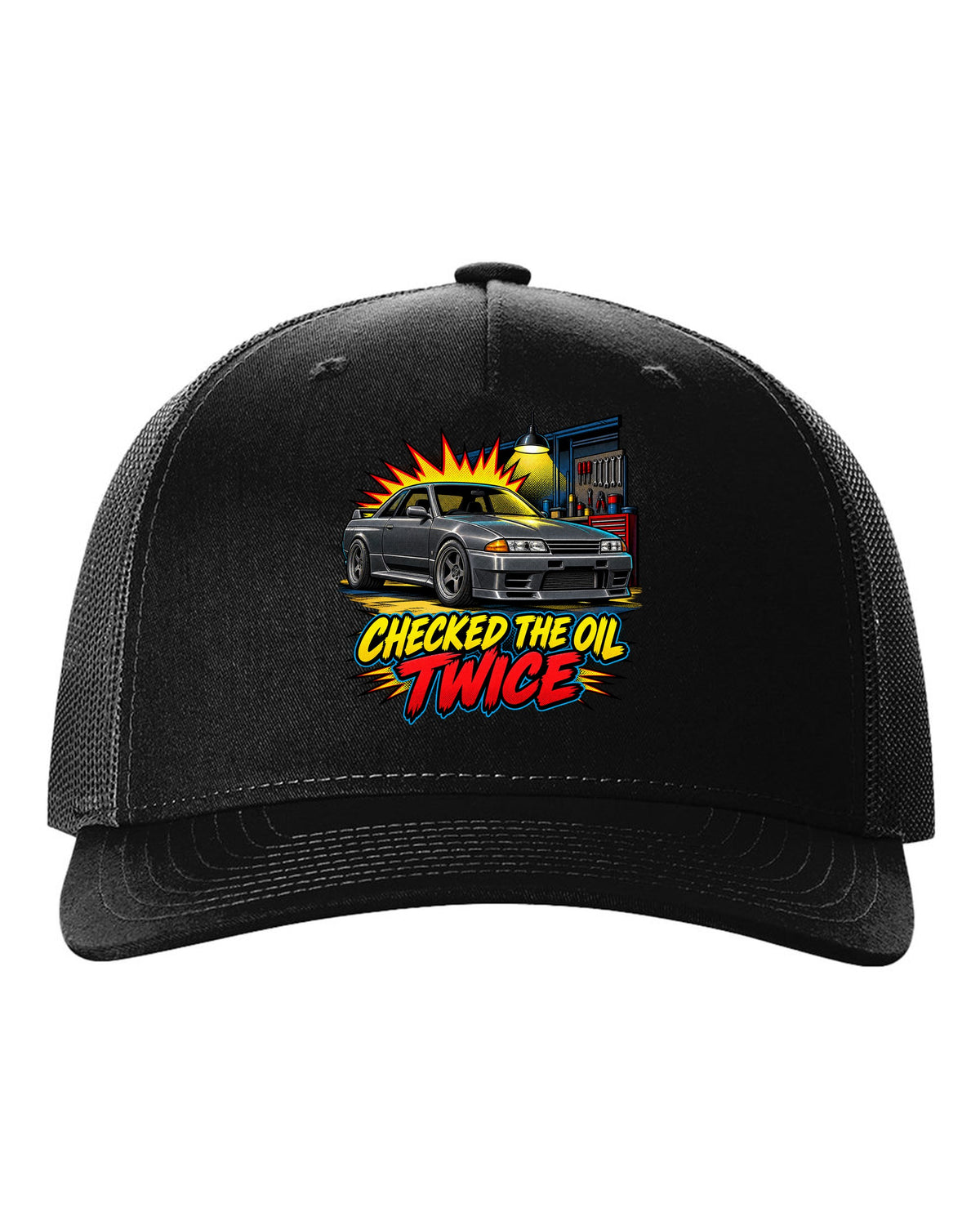 Comic halftone pop-art print of a Nissan Skyline GT-R R32 BNR32 in a garage black hat front view with the design