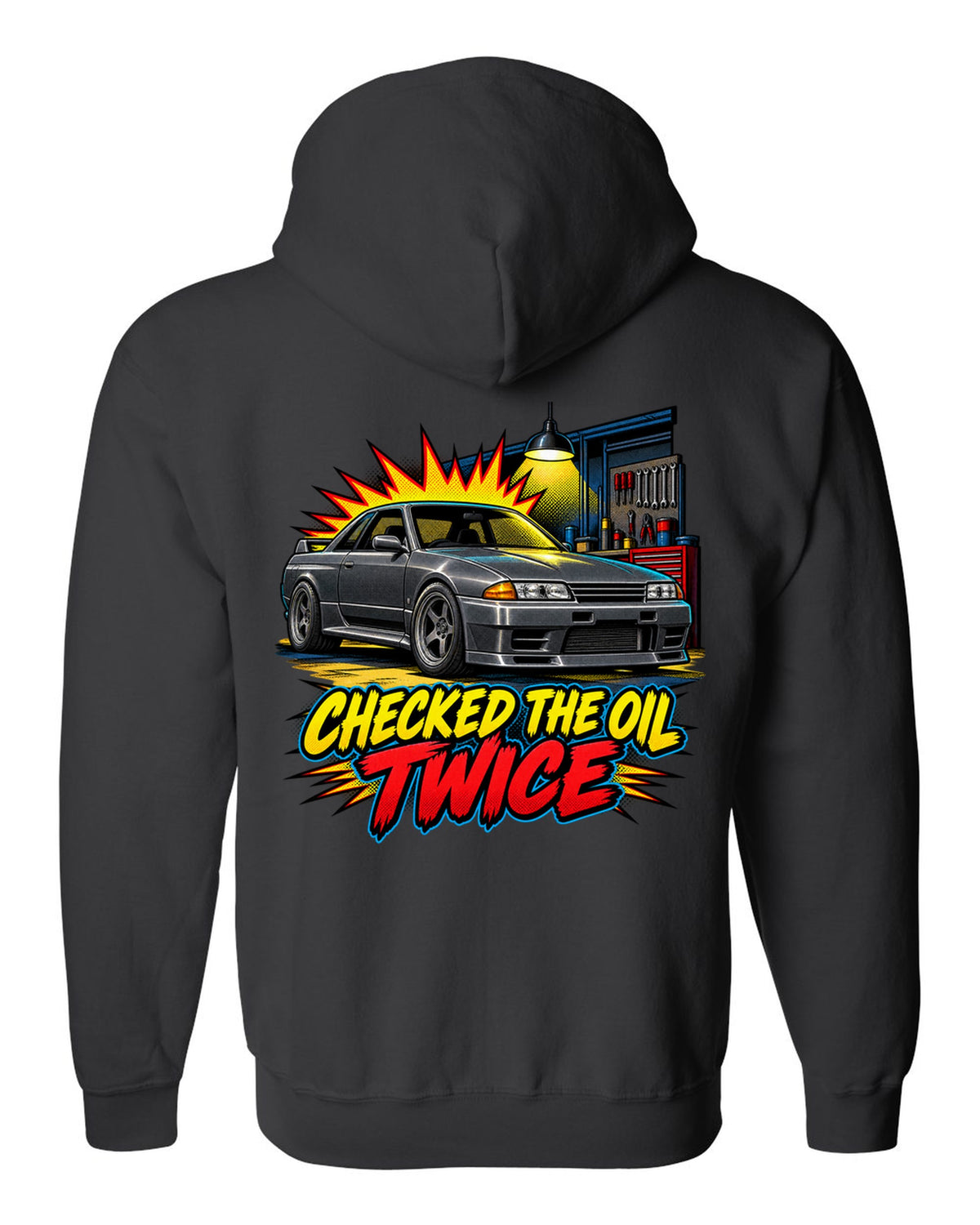 Comic halftone pop-art print of a Nissan Skyline GT-R R32 BNR32 in a garage black zip hoodie back view with the design