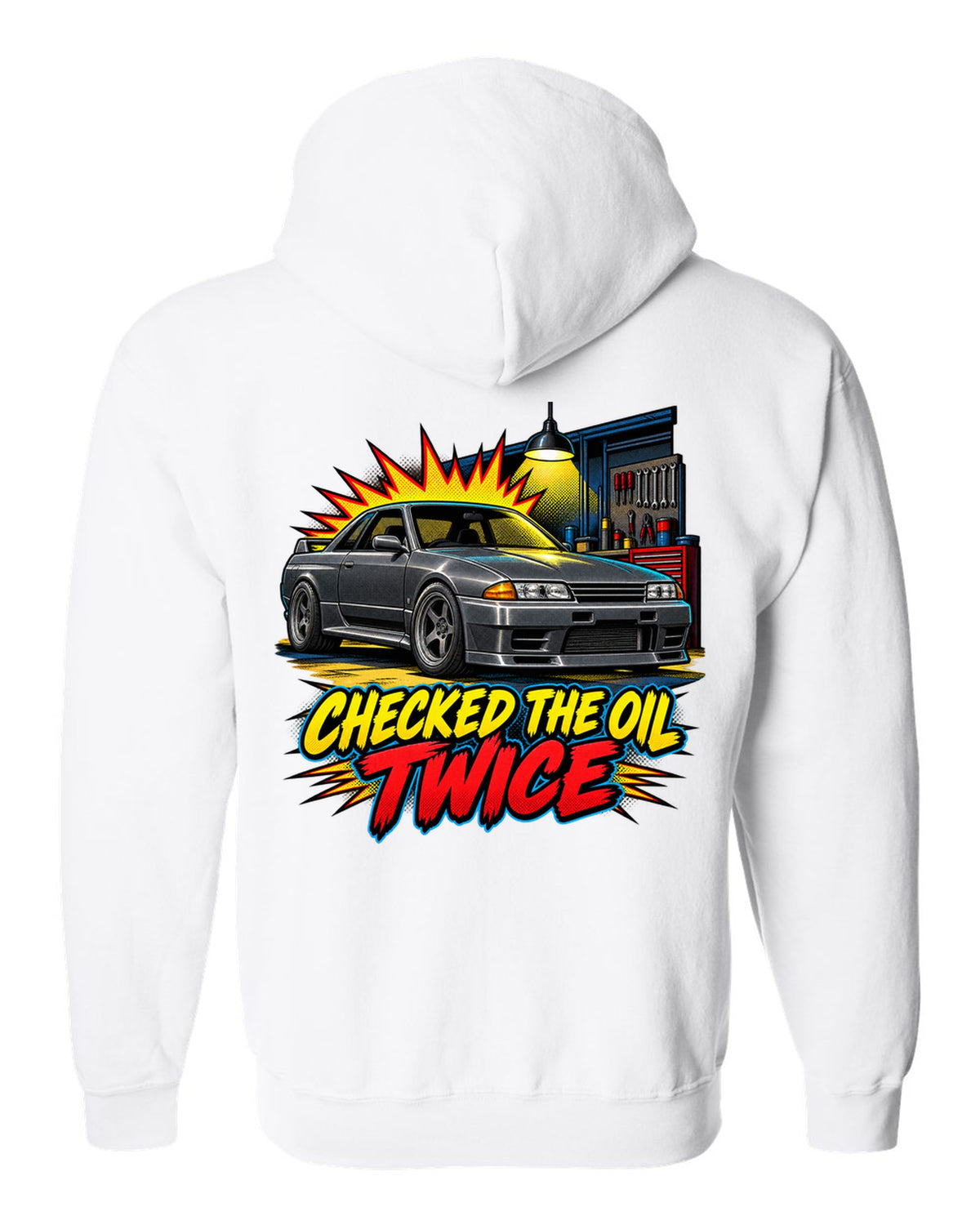 Comic halftone pop-art print of a Nissan Skyline GT-R R32 BNR32 in a garage white zip hoodie back view with the design