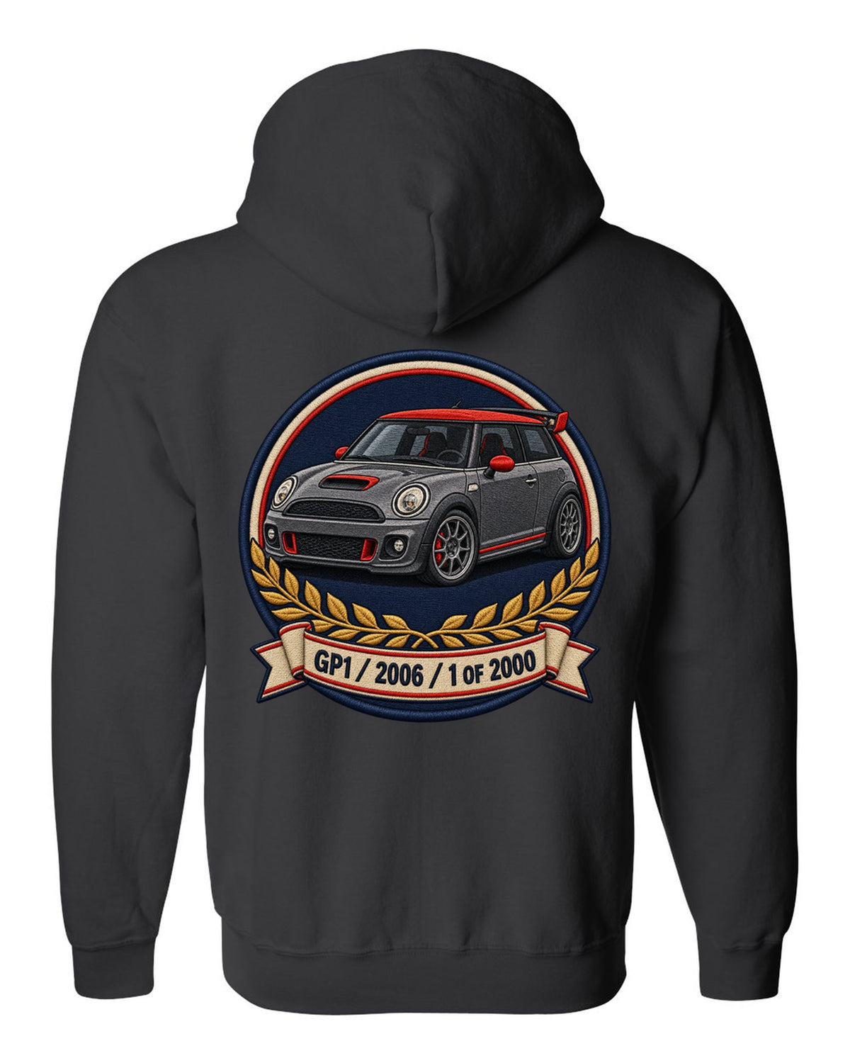 Varsity crest for the Mini Cooper GP1 2006, 1 of 2000 black zip hoodie back view with the design