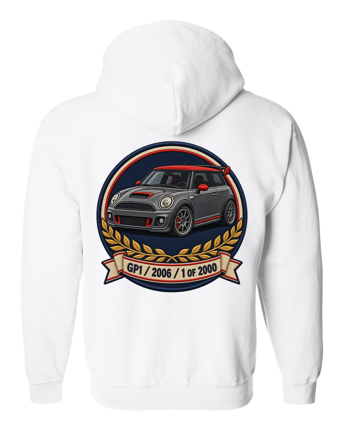 Varsity crest for the Mini Cooper GP1 2006, 1 of 2000 white zip hoodie back view with the design