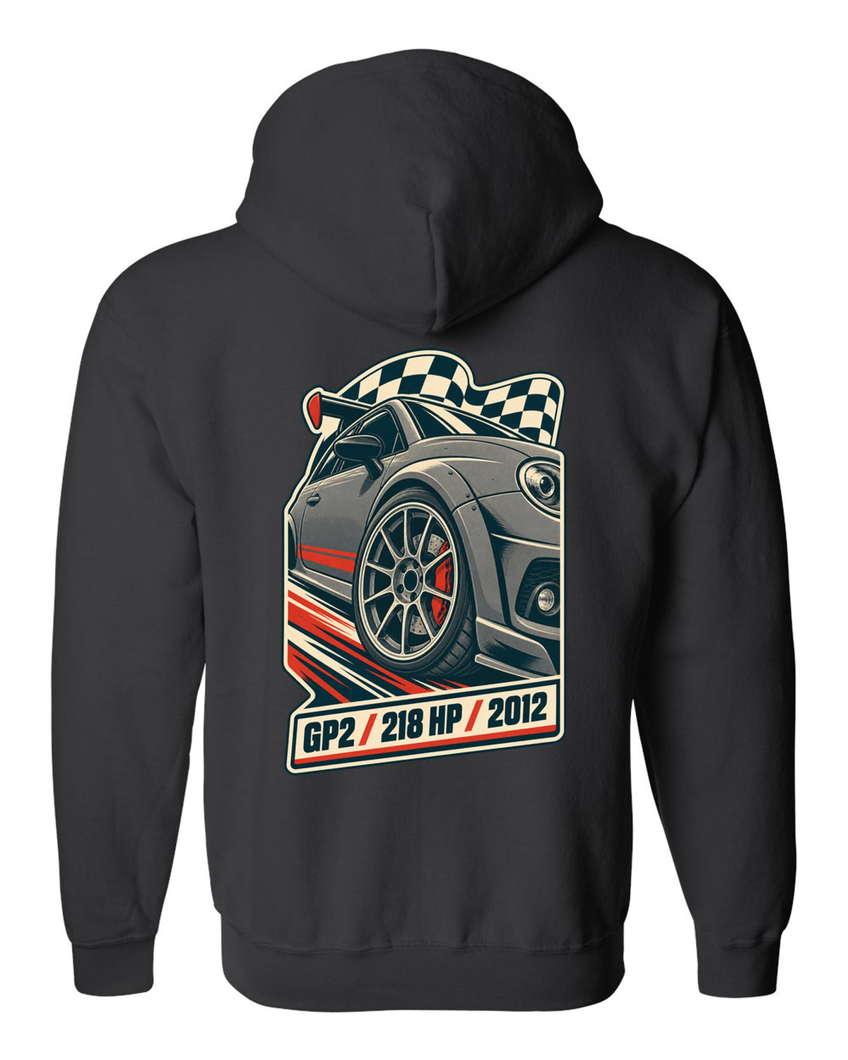 Vintage race poster of the Mini Cooper GP2 R56 with 218 HP and 2012 text black zip hoodie back view with the design