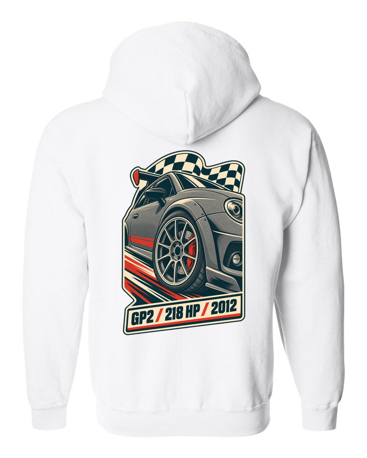 Vintage race poster of the Mini Cooper GP2 R56 with 218 HP and 2012 text white zip hoodie back view with the design