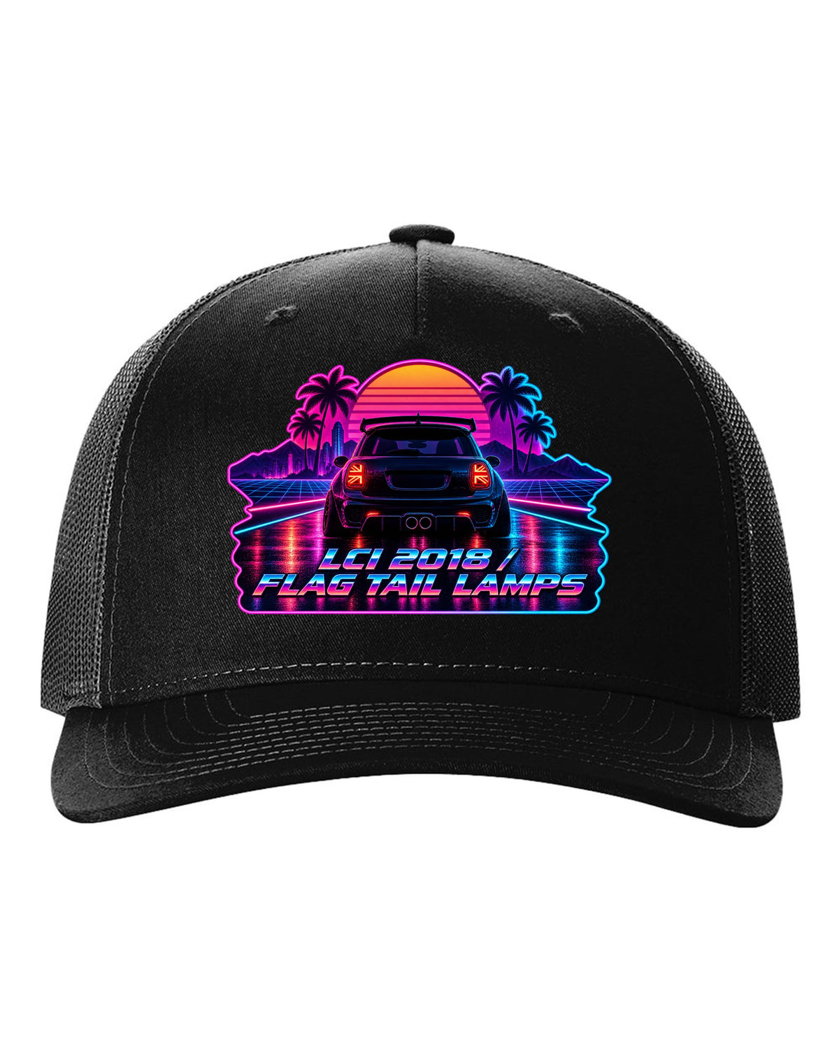 Synthwave outrun artwork of a Mini Cooper JCW F56 LCI with flag tail lamps black hat front view with the design