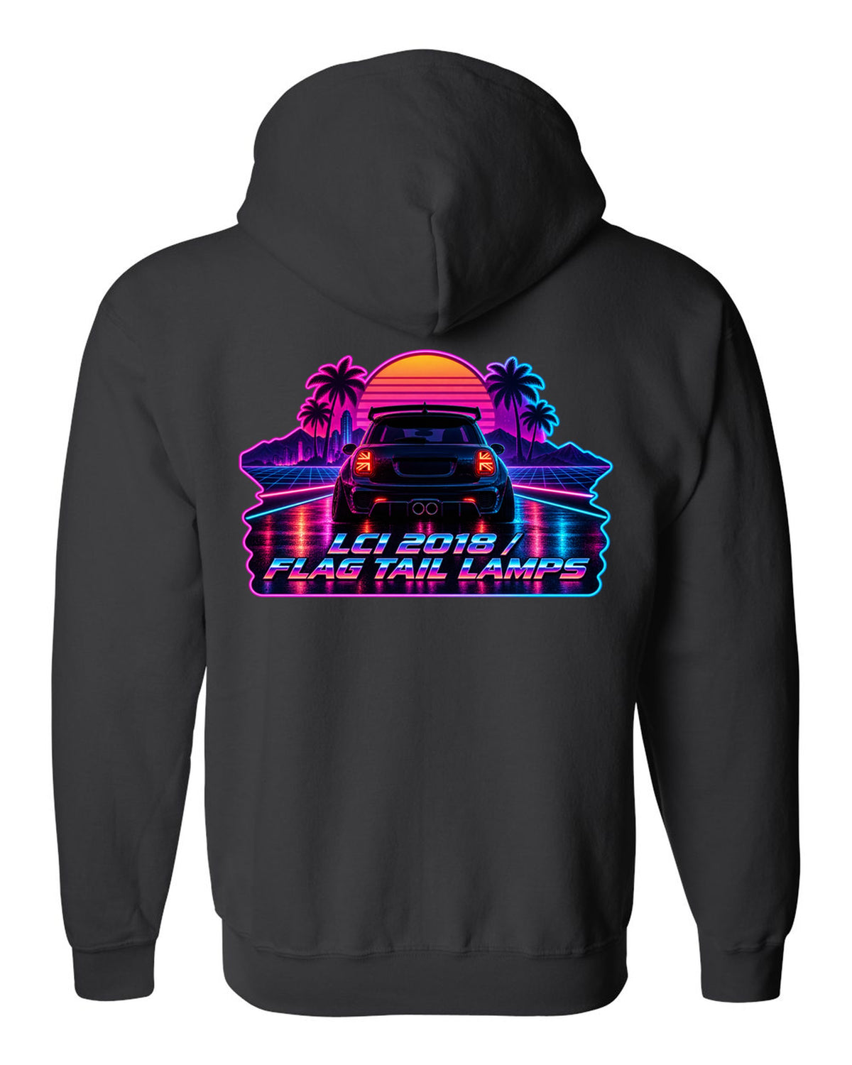 Synthwave outrun artwork of a Mini Cooper JCW F56 LCI with flag tail lamps black zip hoodie back view with the design