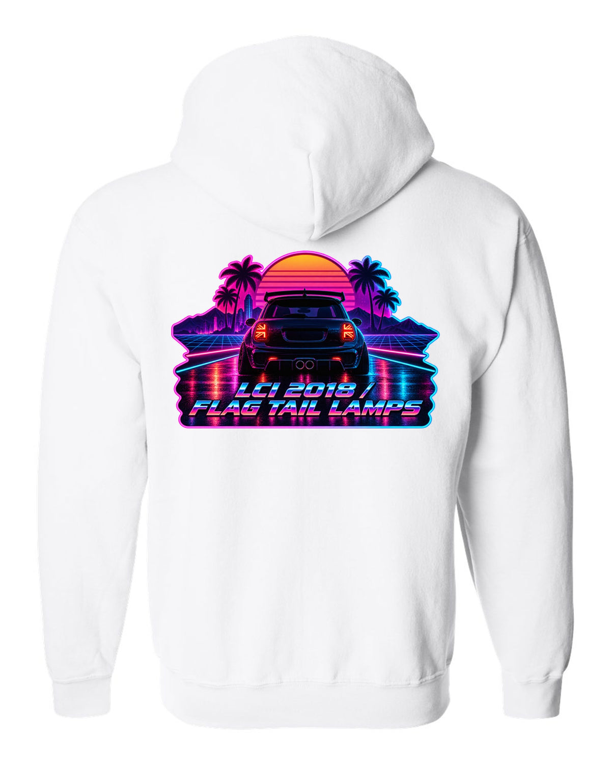 Synthwave outrun artwork of a Mini Cooper JCW F56 LCI with flag tail lamps white zip hoodie back view with the design