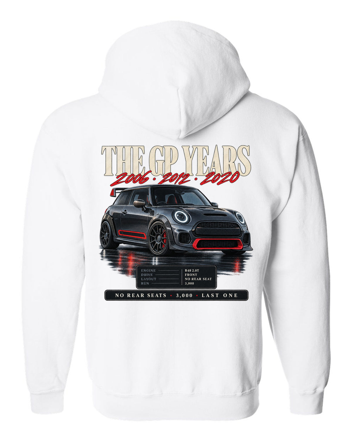 Archive panel print of a Mini Cooper JCW GP F56 with the years 2006, 2012 and 2020 white zip hoodie back view with the design