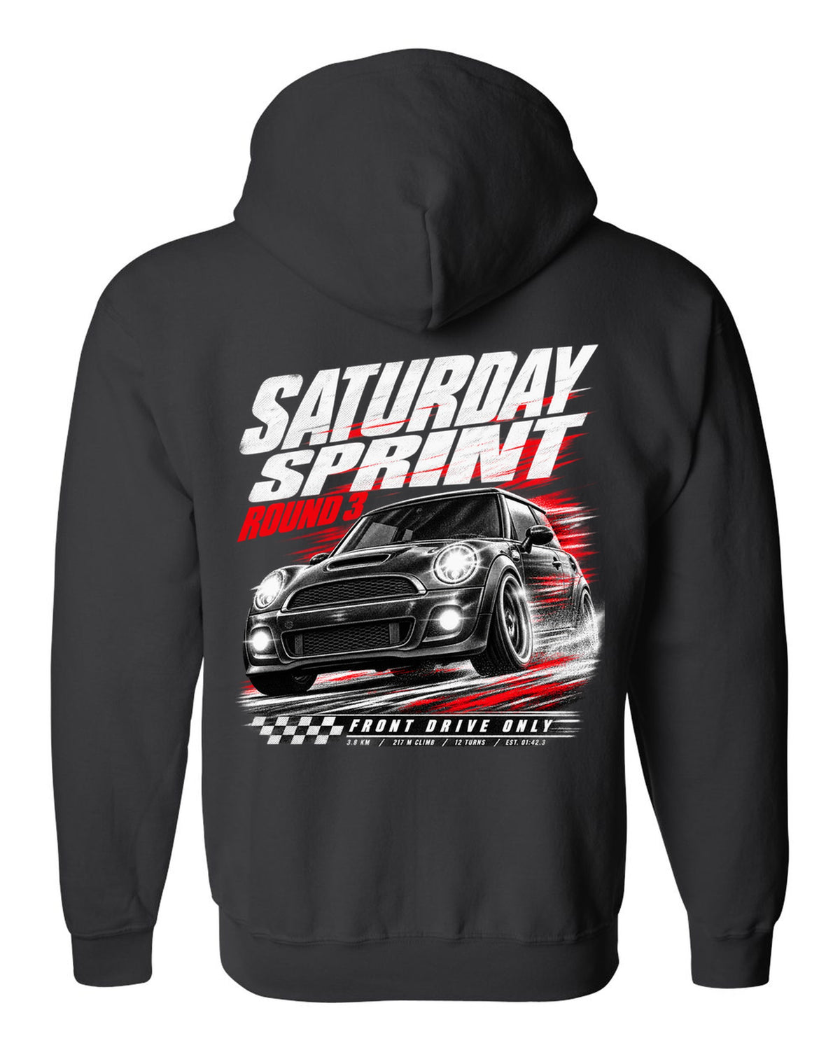 Race poster print of a Mini Cooper JCW R56 front three-quarter at a Saturday sprint round three black zip hoodie back view with the design