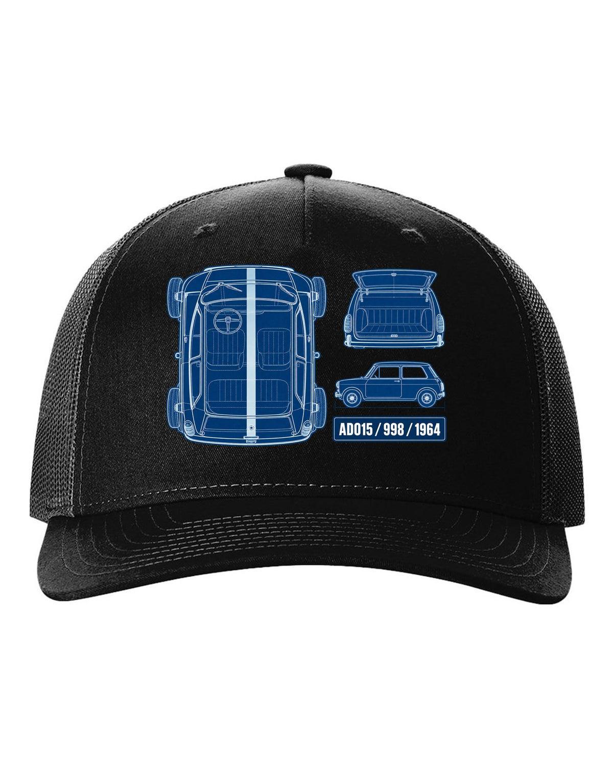 1964 Mini Cooper Mk I ADO15 in a white-on-blue cyanotype blueprint style black hat front view with the design