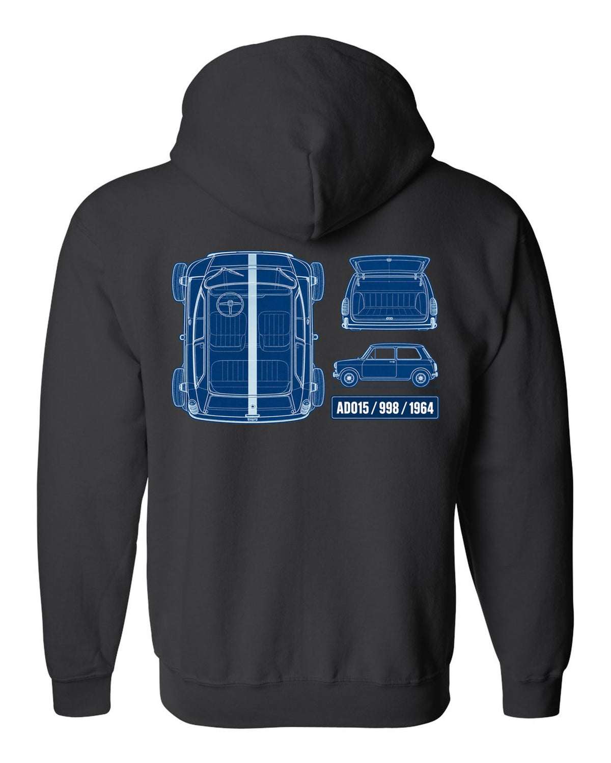 1964 Mini Cooper Mk I ADO15 in a white-on-blue cyanotype blueprint style black zip hoodie back view with the design