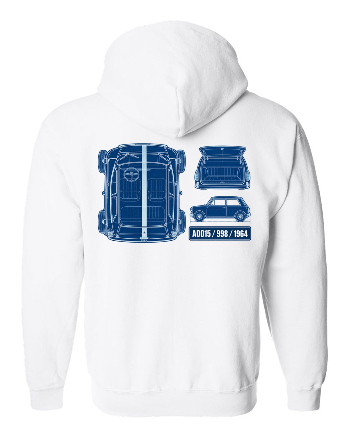 1964 Mini Cooper Mk I ADO15 in a white-on-blue cyanotype blueprint style white zip hoodie back view with the design