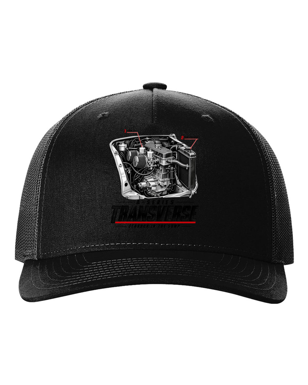 print of a Classic Mini Cooper S 1275 engine bay with the transverse A-series engine black hat front view with the design