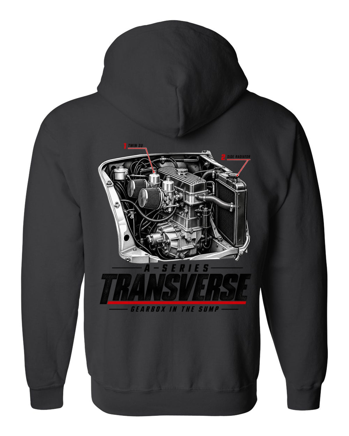 print of a Classic Mini Cooper S 1275 engine bay with the transverse A-series engine black zip hoodie back view with the design