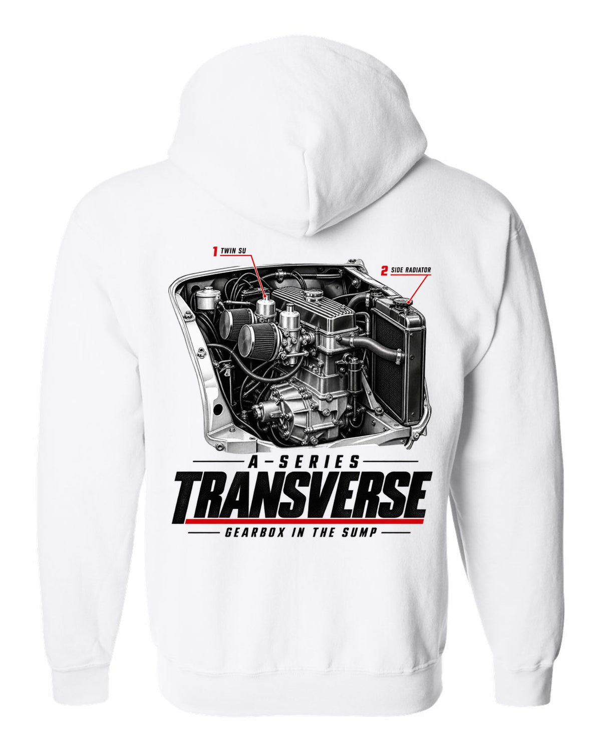 print of a Classic Mini Cooper S 1275 engine bay with the transverse A-series engine white zip hoodie back view with the design