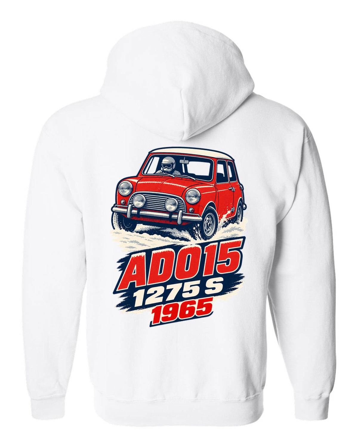 1965 Mini Cooper S ADO15 rally car in a 1960s litho poster style white zip hoodie back view with the design
