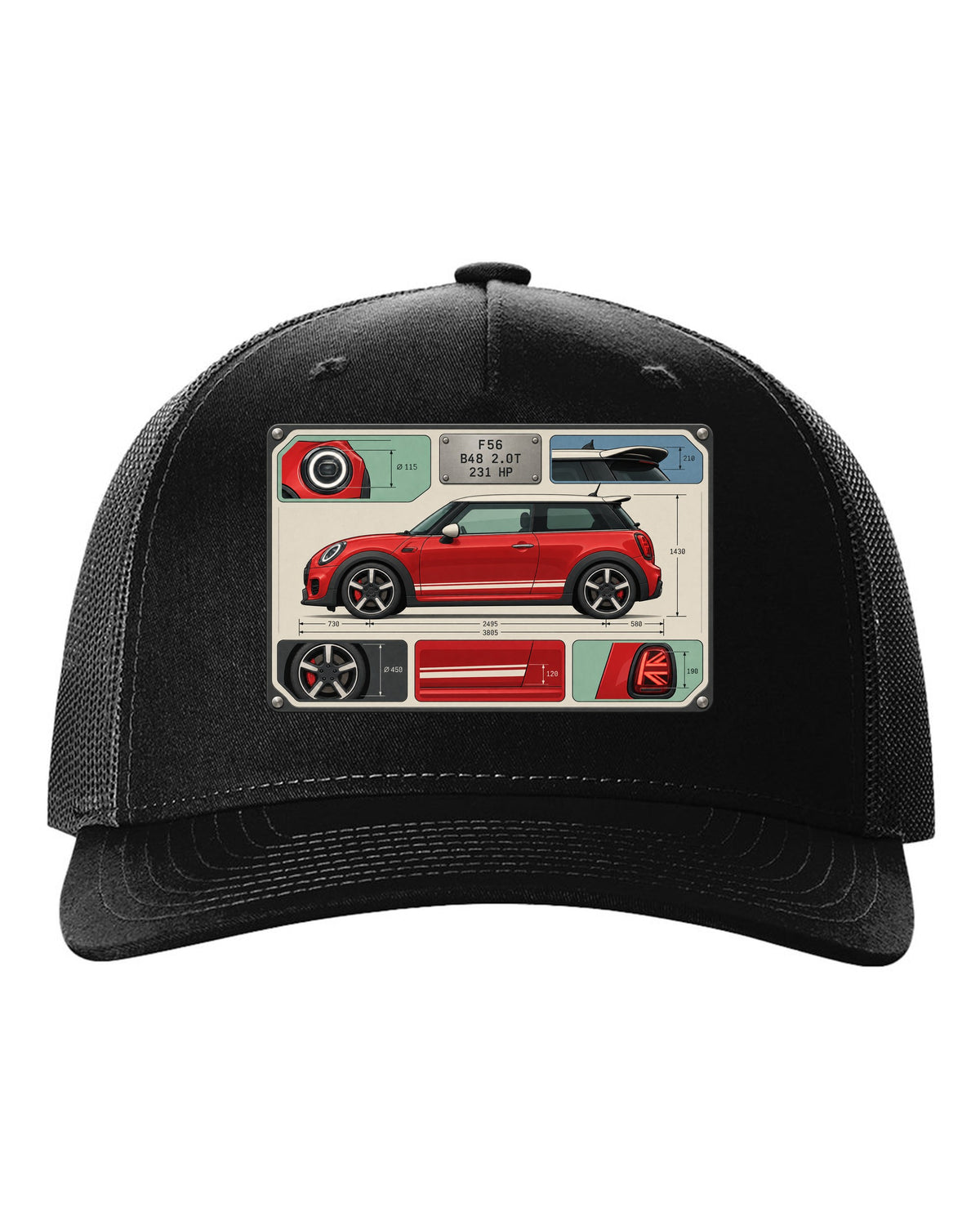 Spec-sheet data plate for the Mini JCW F56 with B48 2.0T and 231 HP black hat front view with the design