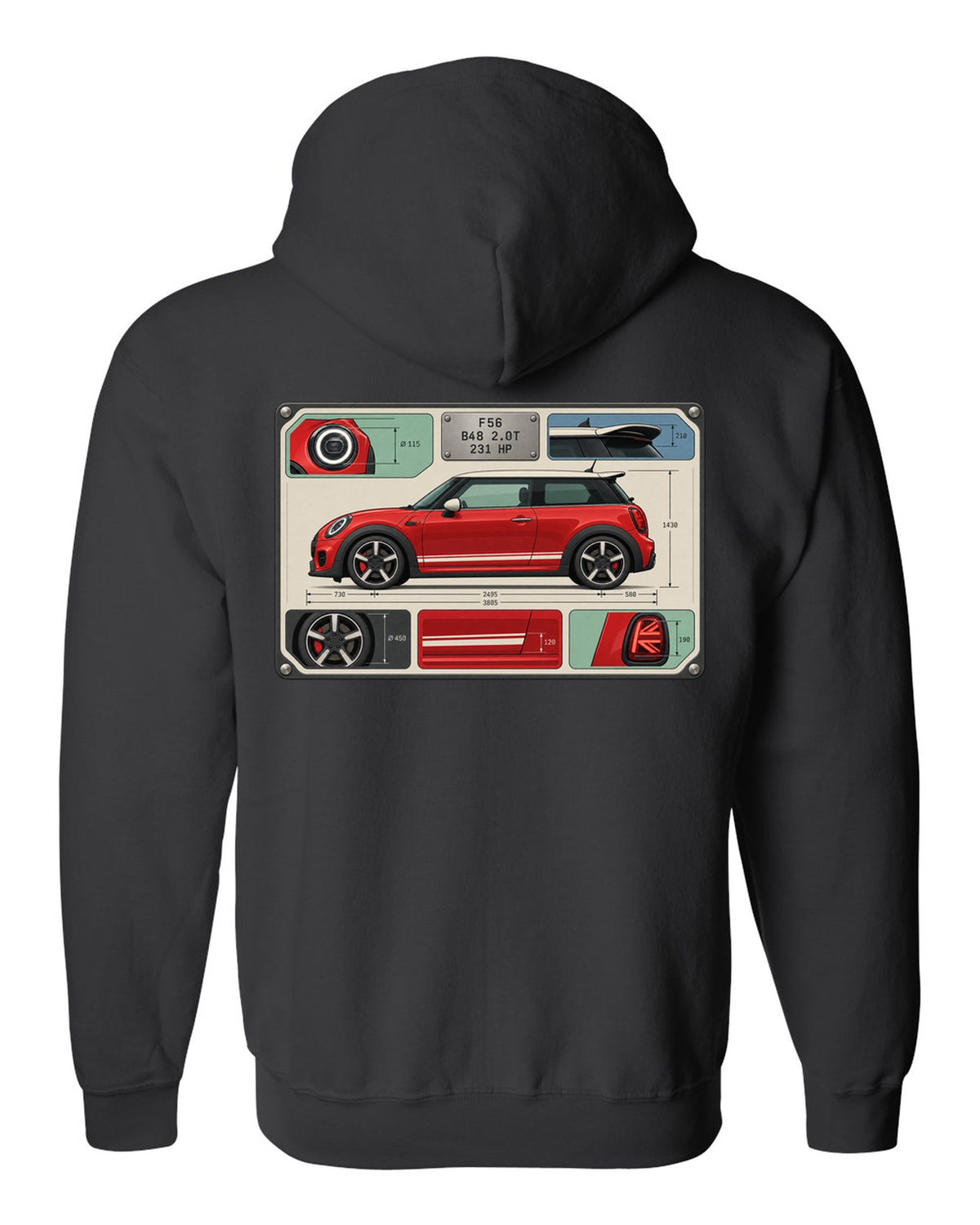 Spec-sheet data plate for the Mini JCW F56 with B48 2.0T and 231 HP black zip hoodie back view with the design