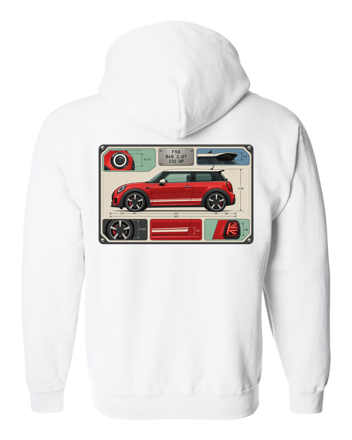 Spec-sheet data plate for the Mini JCW F56 with B48 2.0T and 231 HP white zip hoodie back view with the design