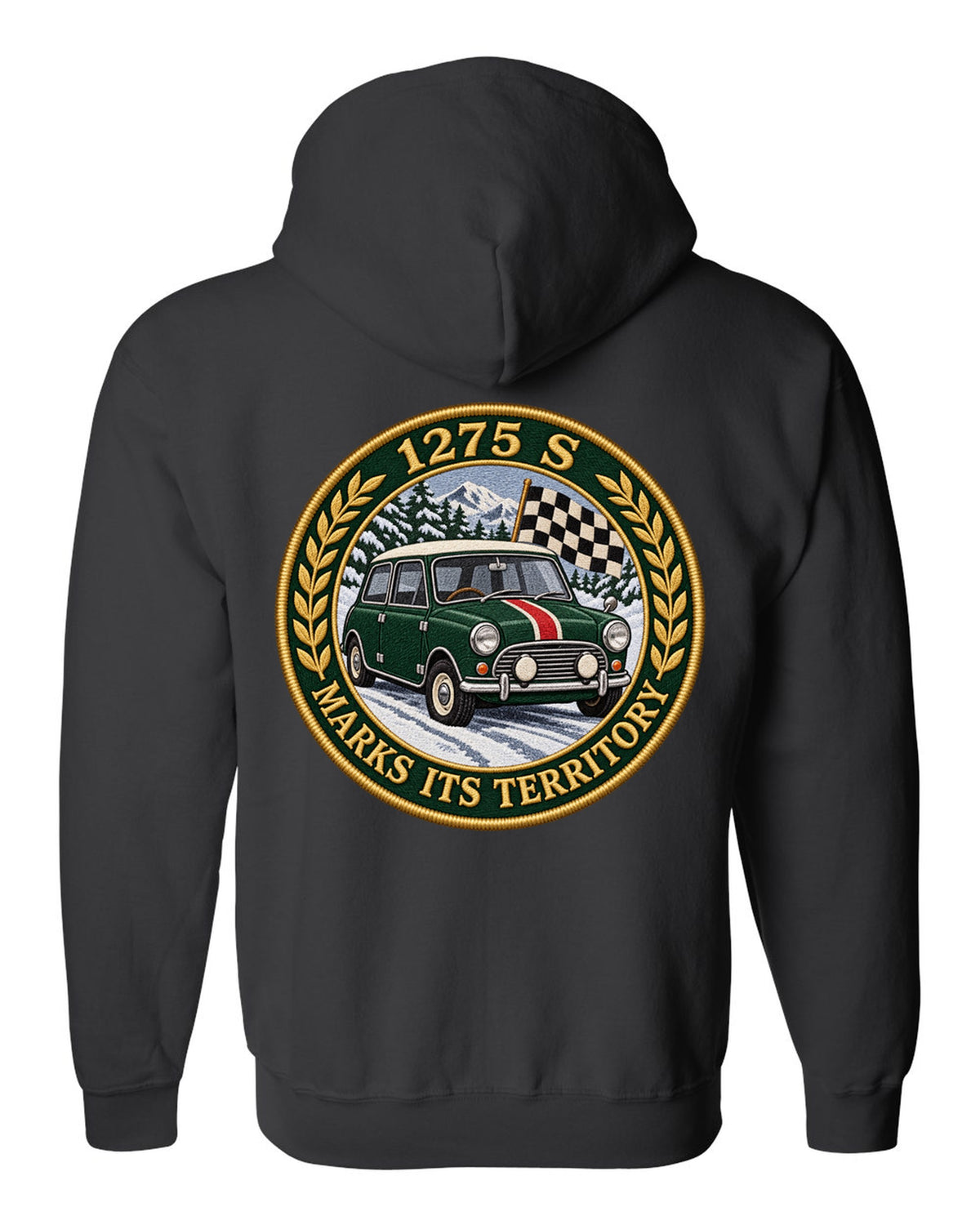 Embroidery style varsity crest for a Mini Cooper S Mk1 with 1275 S marks its territory black zip hoodie back view with the design