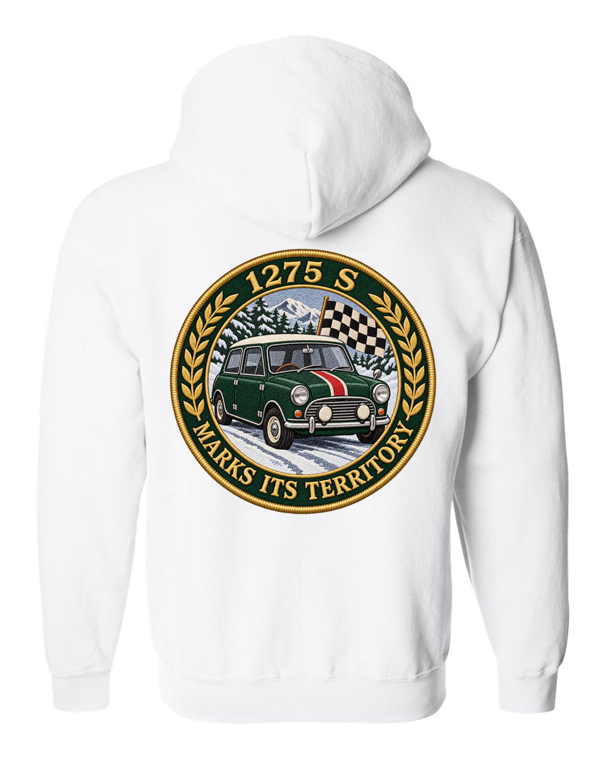 Embroidery style varsity crest for a Mini Cooper S Mk1 with 1275 S marks its territory white zip hoodie back view with the design