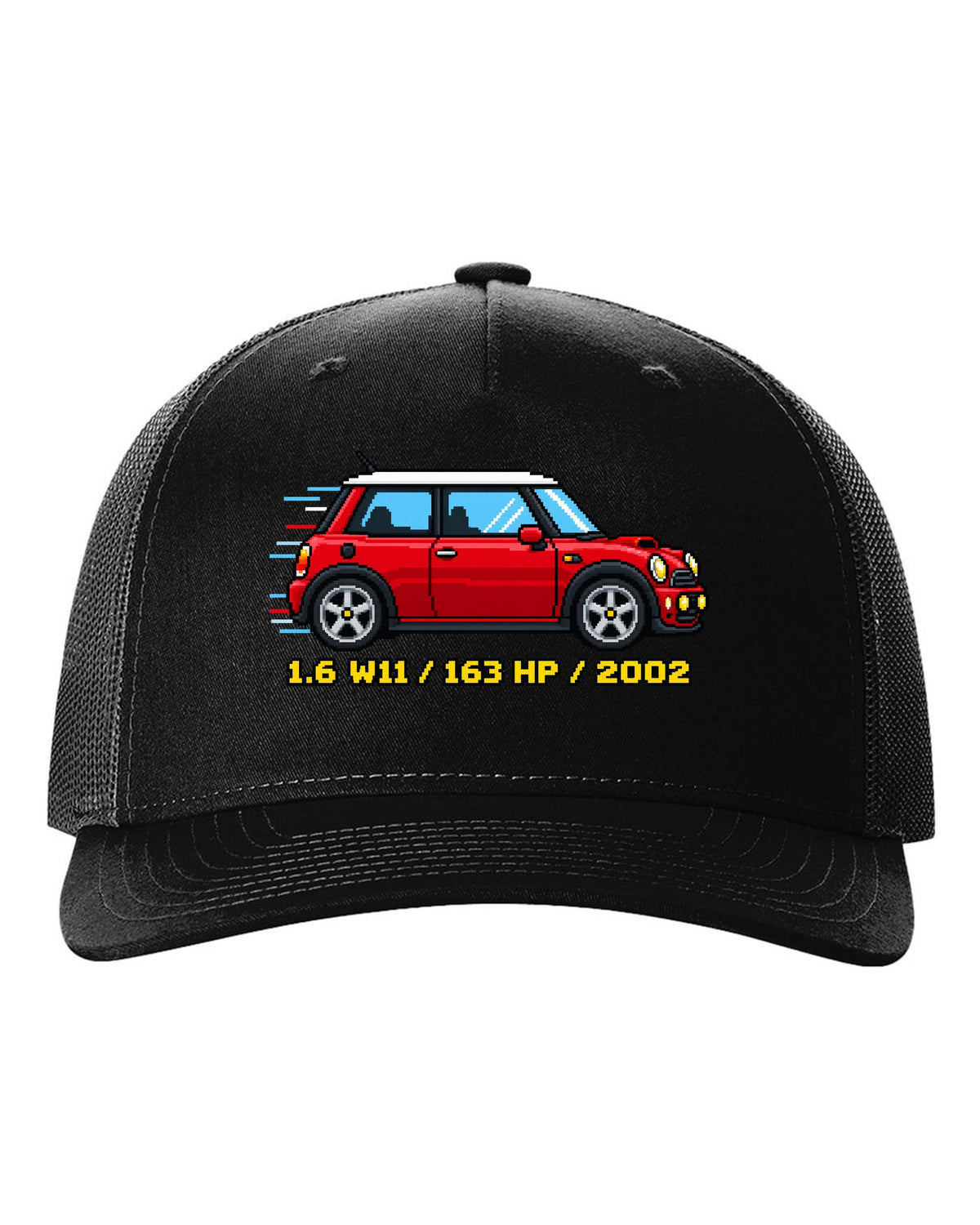 Sixteen-bit pixel art Mini Cooper S R53 with 1.6 W11, 163 HP, 2002 stats black hat front view with the design