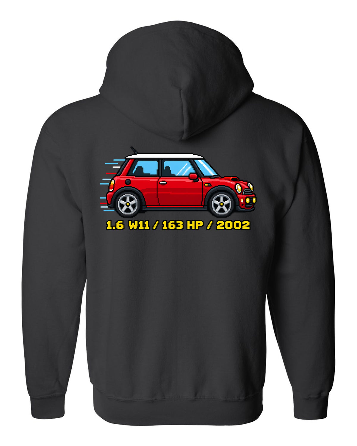 Sixteen-bit pixel art Mini Cooper S R53 with 1.6 W11, 163 HP, 2002 stats black zip hoodie back view with the design
