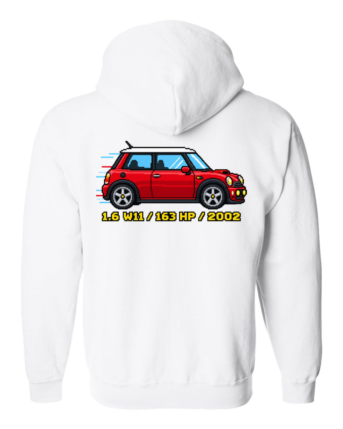 Sixteen-bit pixel art Mini Cooper S R53 with 1.6 W11, 163 HP, 2002 stats white zip hoodie back view with the design