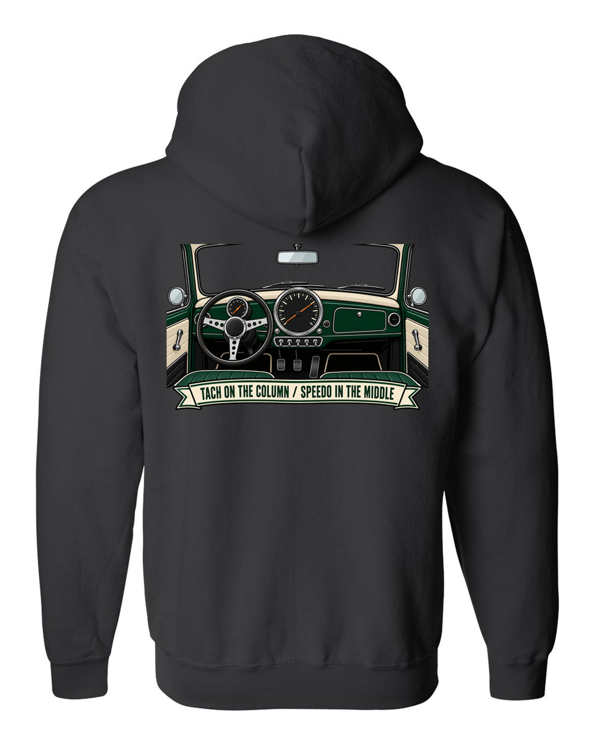 Line art of the Mini Cooper S R53 gauge cluster with column tach and central speedometer black zip hoodie back view with the design