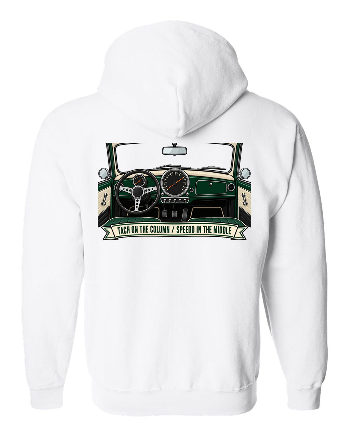 Line art of the Mini Cooper S R53 gauge cluster with column tach and central speedometer white zip hoodie back view with the design