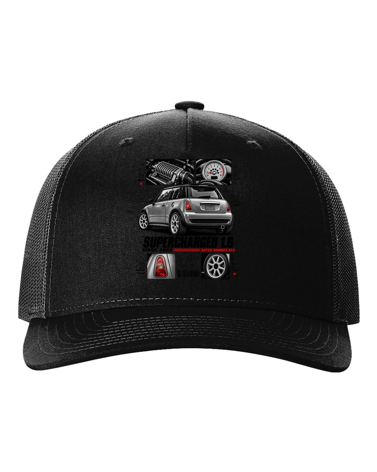 print of a Mini Cooper S R53 rear three-quarter view with detail panels and supercharged 1.6 text black hat front view with the design