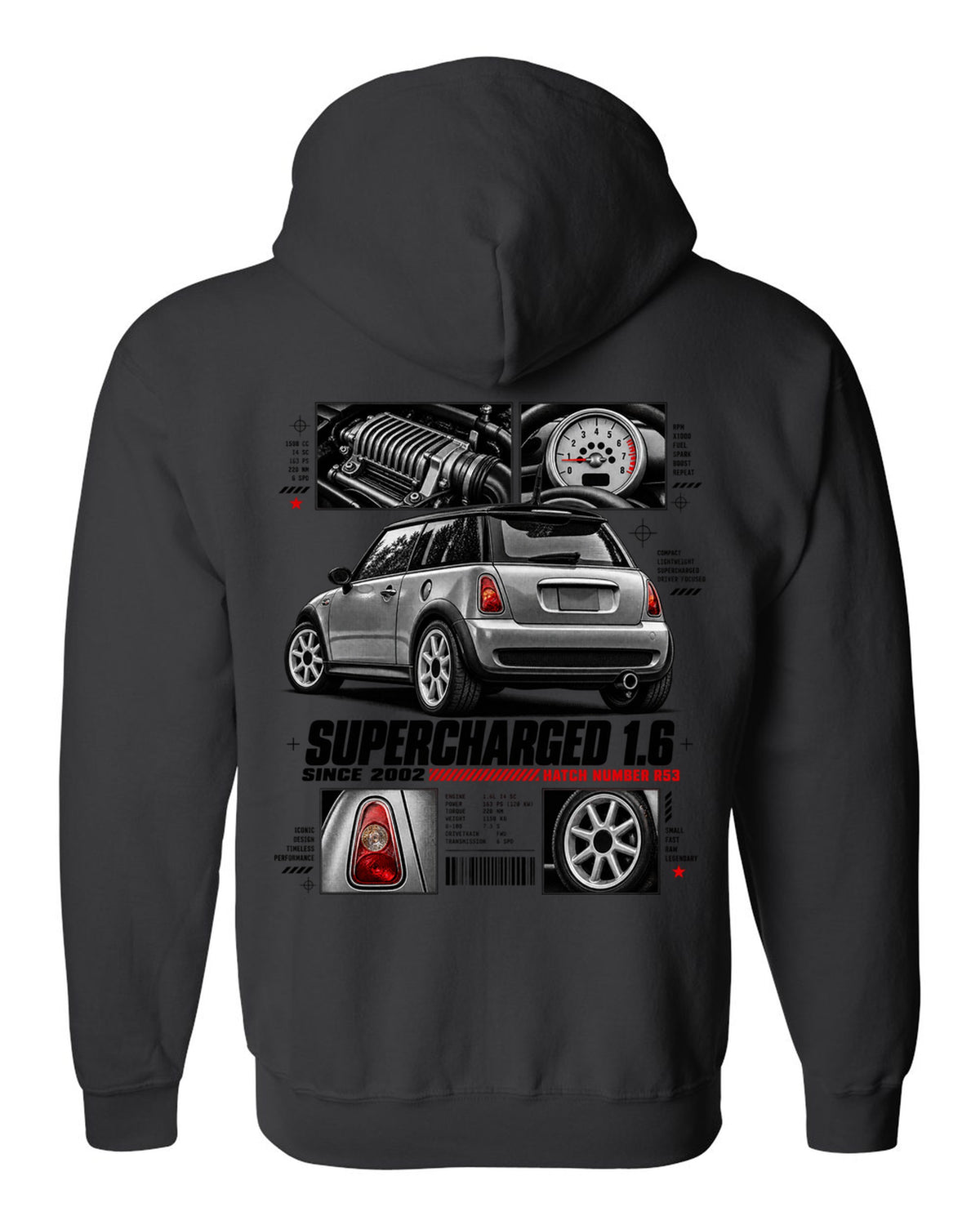 print of a Mini Cooper S R53 rear three-quarter view with detail panels and supercharged 1.6 text black zip hoodie back view with the design