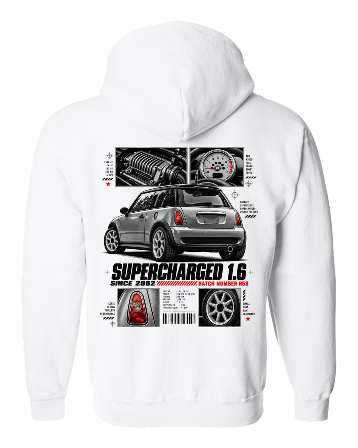 print of a Mini Cooper S R53 rear three-quarter view with detail panels and supercharged 1.6 text white zip hoodie back view with the design