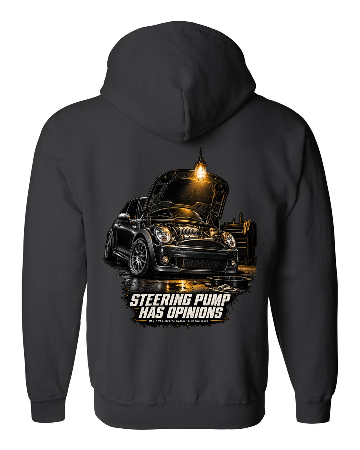 Mini Cooper S R53 garage night print with bonnet open and steering pump text black zip hoodie back view with the design