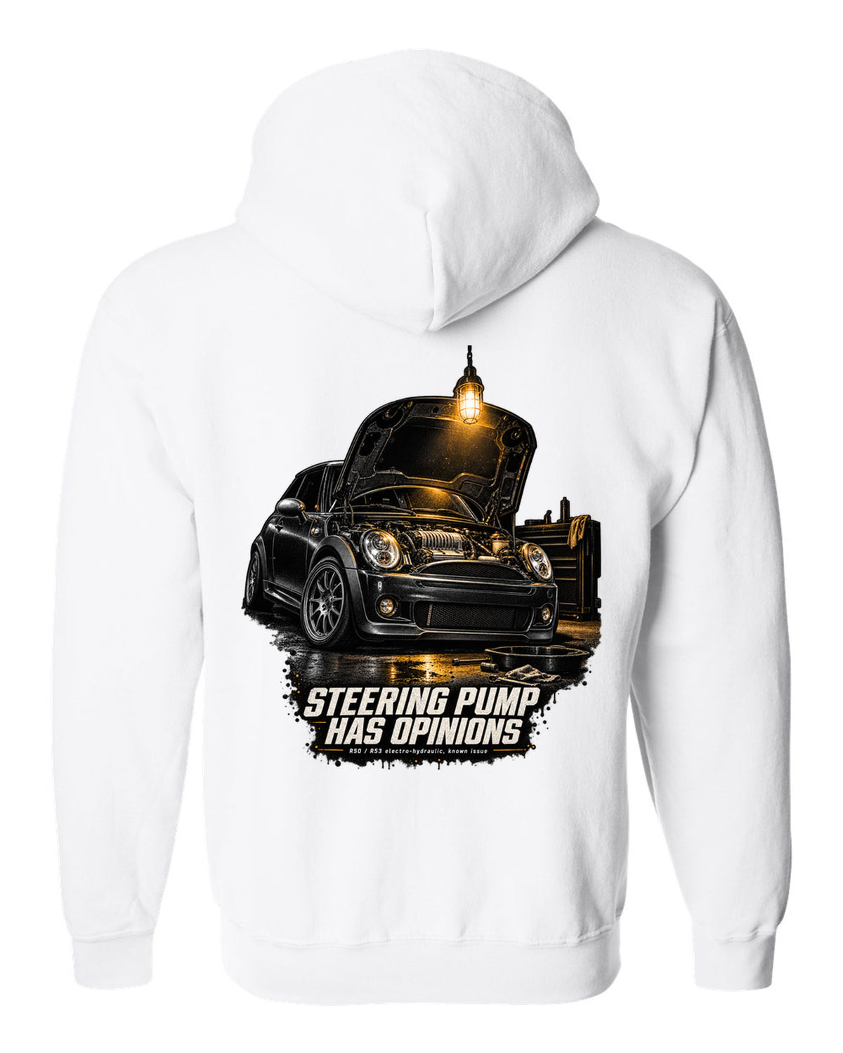 Mini Cooper S R53 garage night print with bonnet open and steering pump text white zip hoodie back view with the design