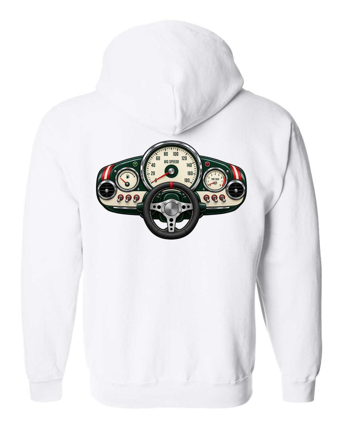 Gauge-cluster print for the Mini Cooper S R53 with big speedo and tiny tach lettering white zip hoodie back view with the design