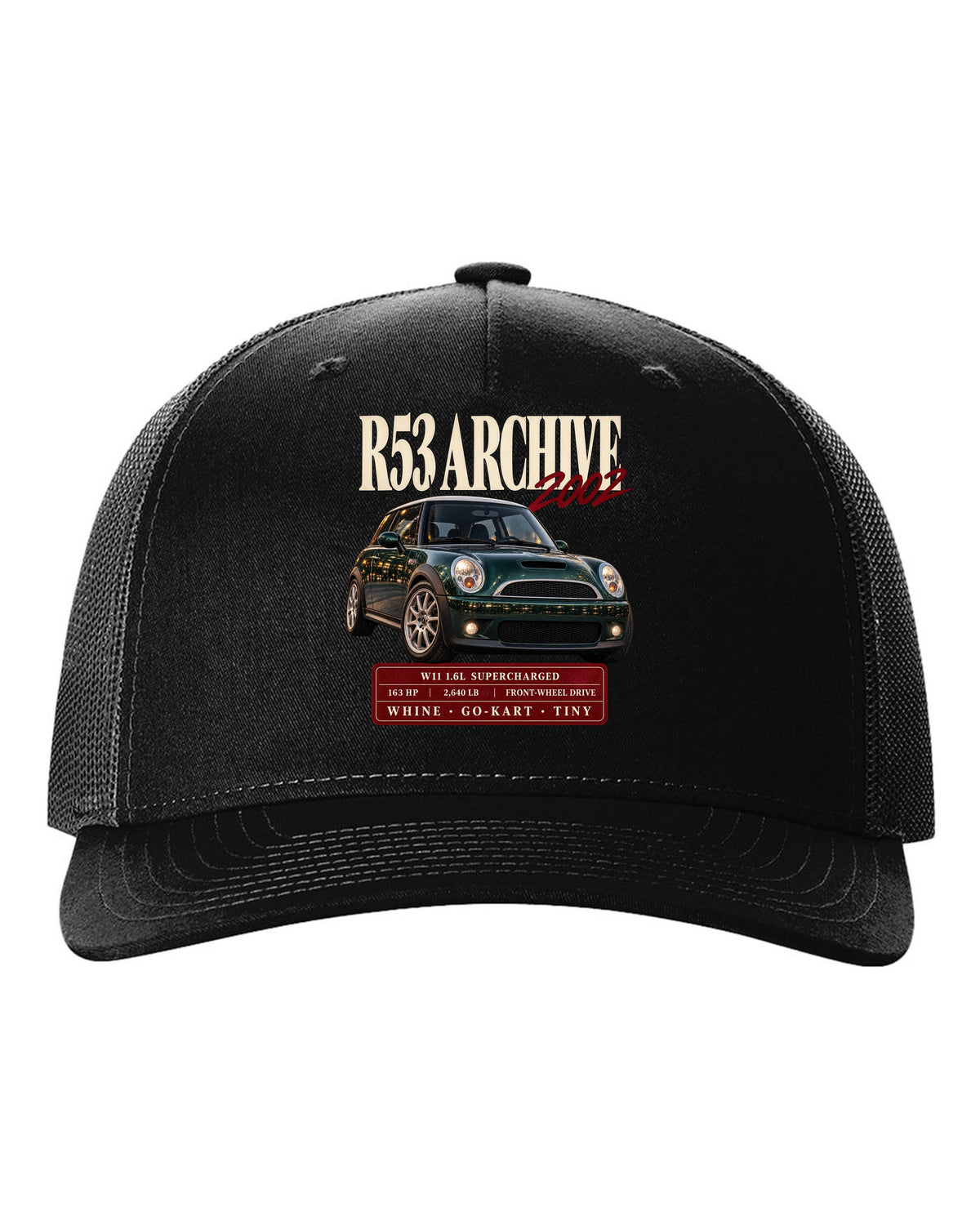 Mini Cooper S R53 archive panel with W11 supercharged engine specs black hat front view with the design