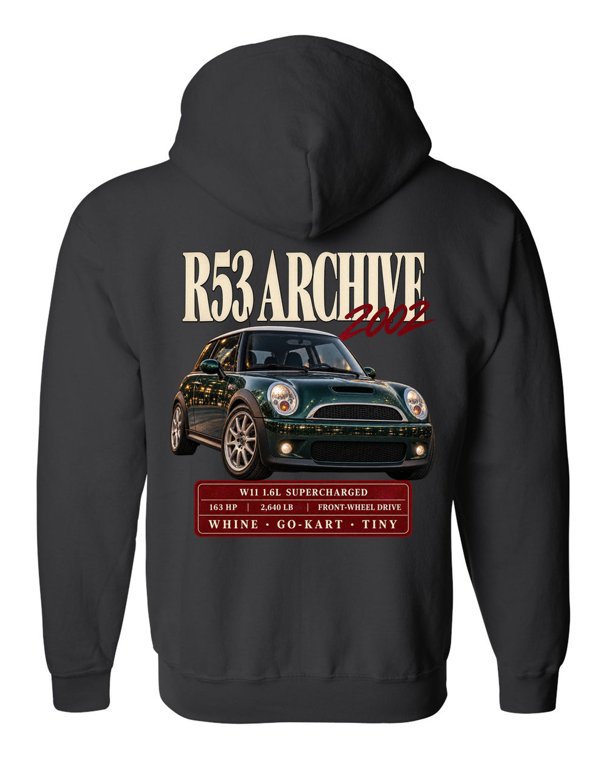 Mini Cooper S R53 archive panel with W11 supercharged engine specs black zip hoodie back view with the design