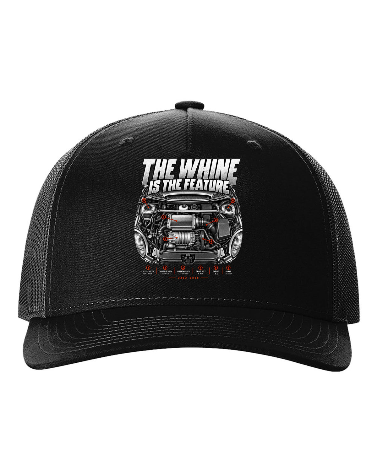 Mini Cooper S R53 engine bay print with supercharger callouts and whine text black hat front view with the design
