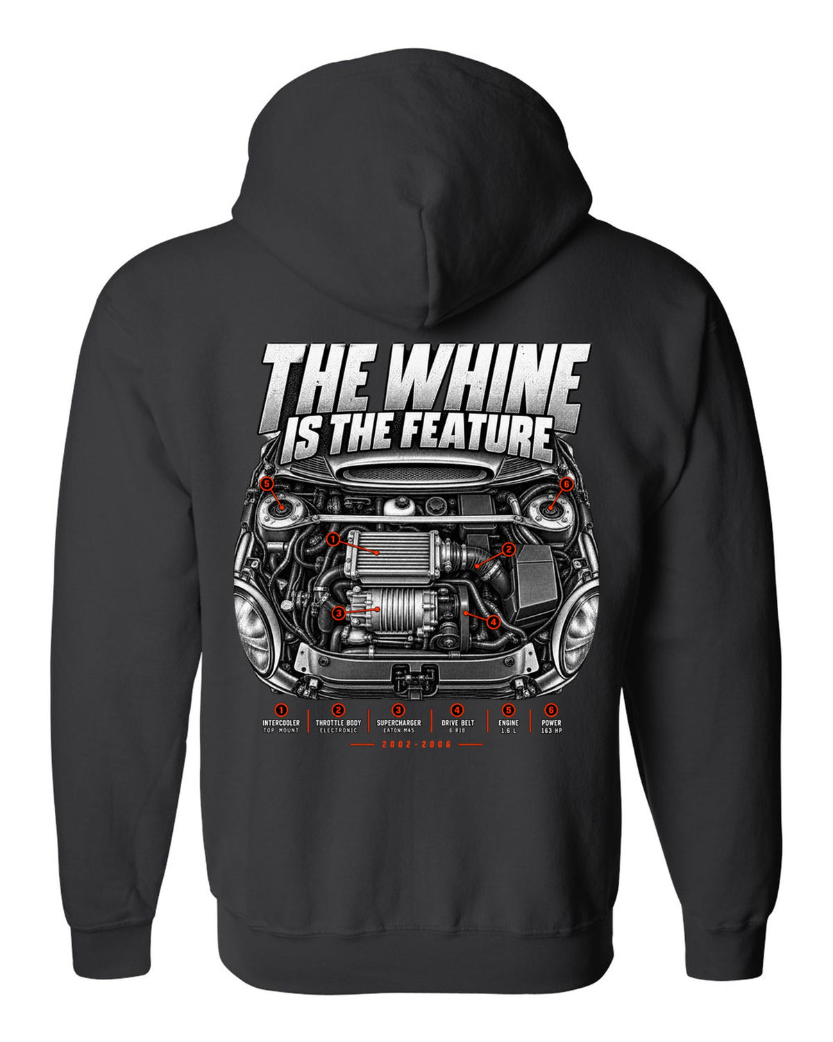 Mini Cooper S R53 engine bay print with supercharger callouts and whine text black zip hoodie back view with the design