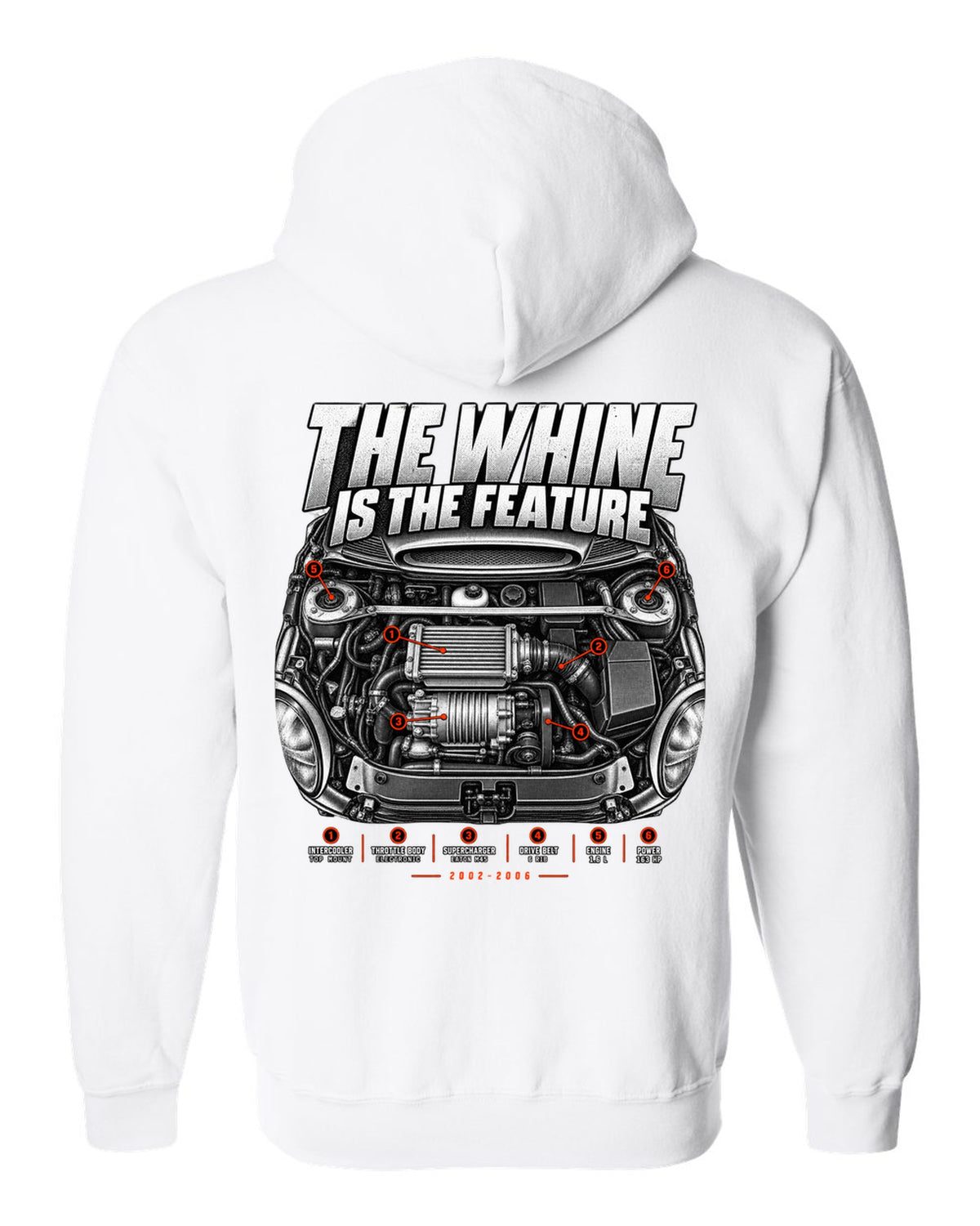 Mini Cooper S R53 engine bay print with supercharger callouts and whine text white zip hoodie back view with the design