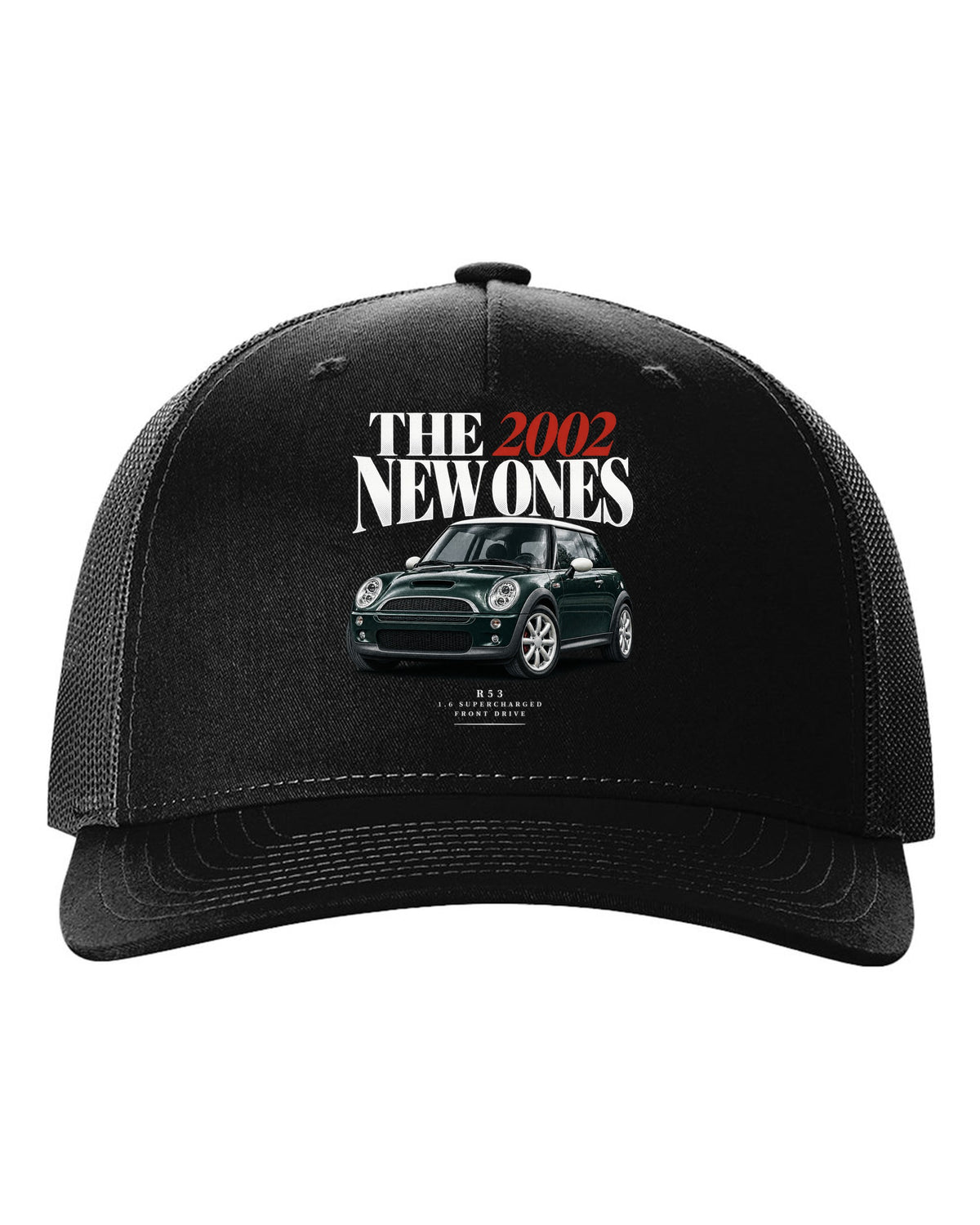 Mini Cooper S R53 dark green with white roof editorial headline print black hat front view with the design