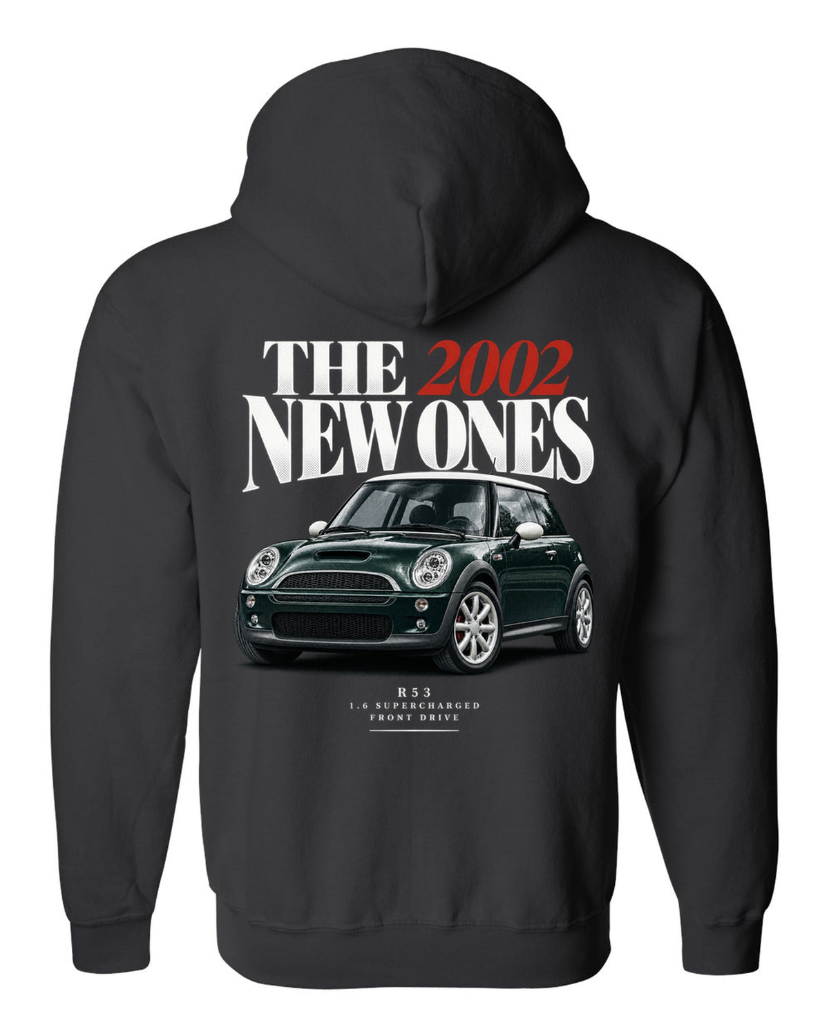 Mini Cooper S R53 dark green with white roof editorial headline print black zip hoodie back view with the design