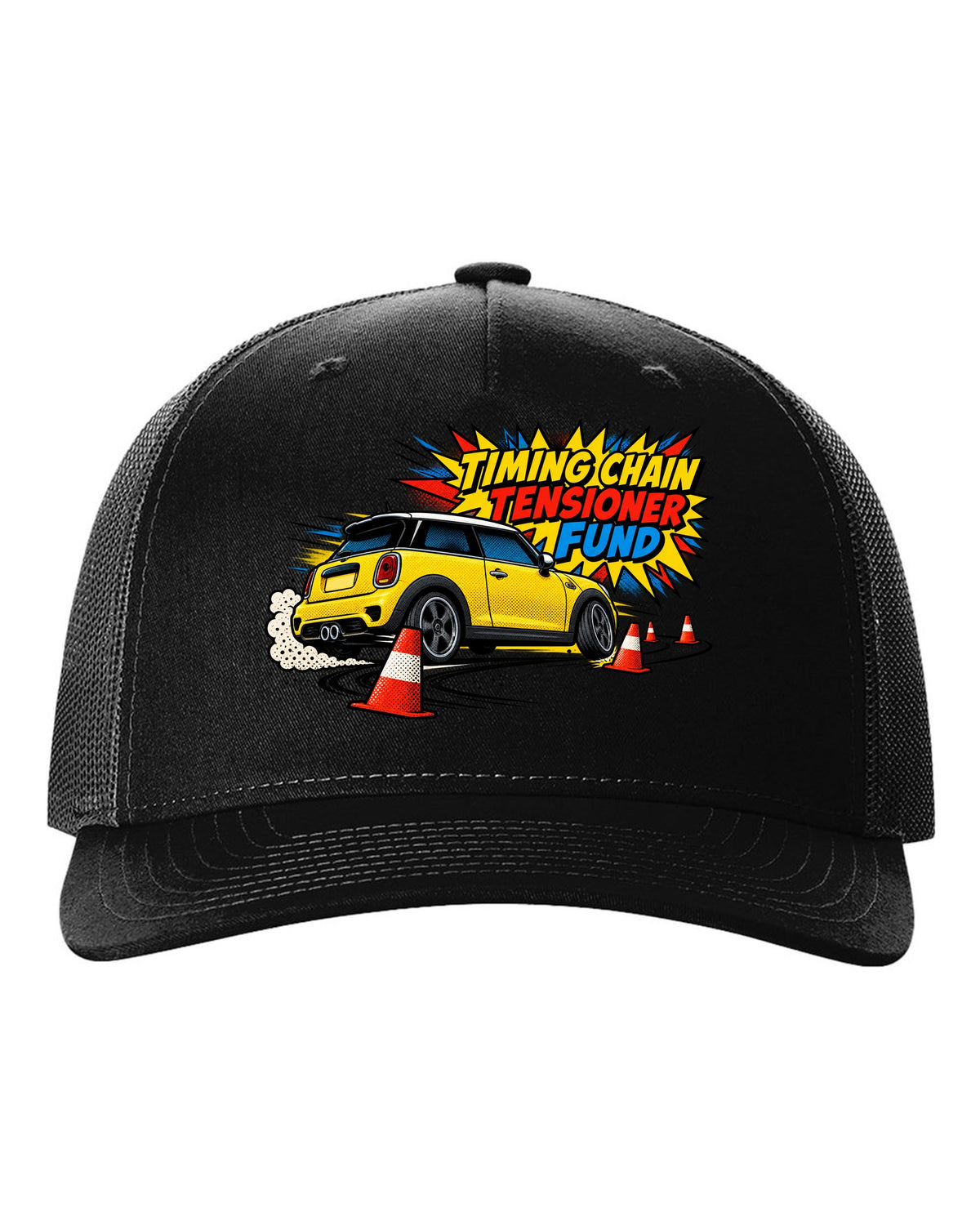 Comic halftone print of a Mini Cooper S R56 in a cone slalom with timing chain tensioner fund text black hat front view with the design