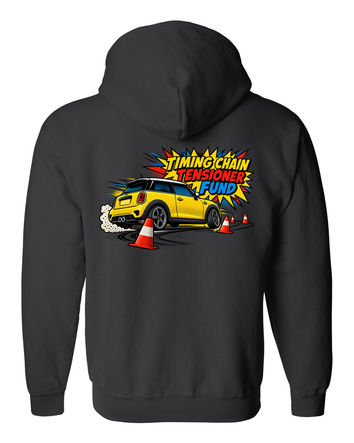 Comic halftone print of a Mini Cooper S R56 in a cone slalom with timing chain tensioner fund text black zip hoodie back view with the design